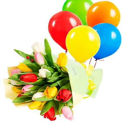 17 colorful tulips with balloons