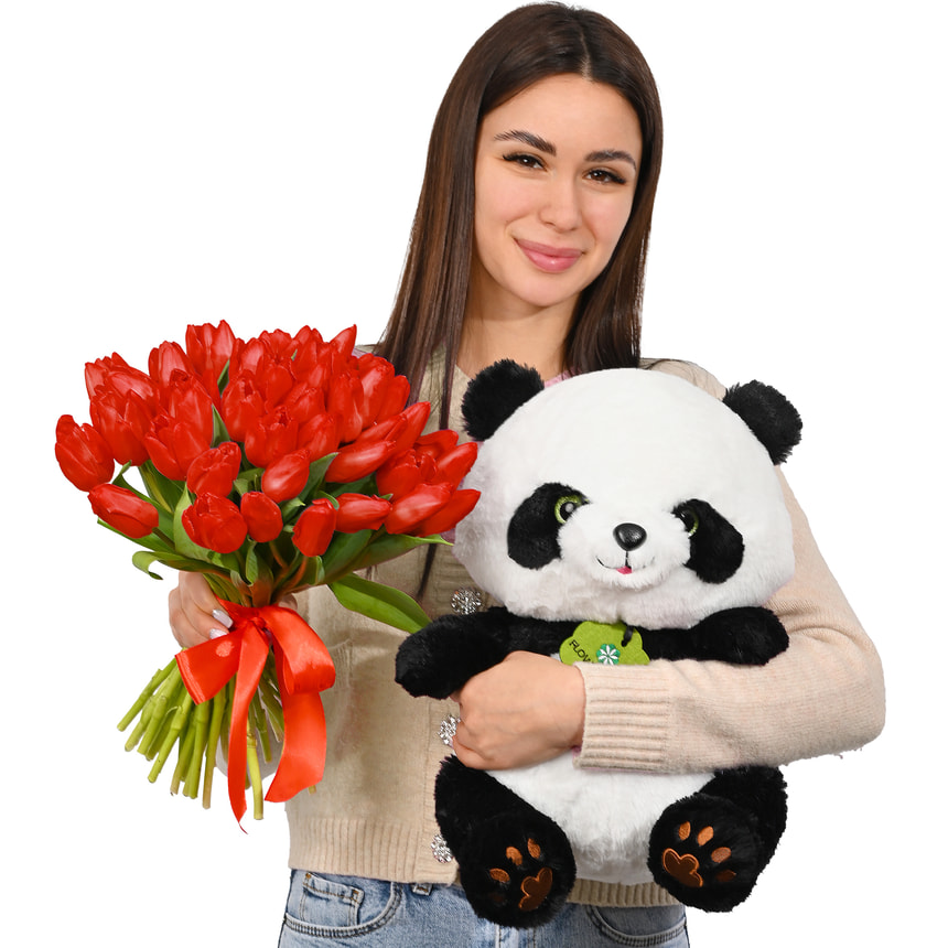 41 red tulips with Panda