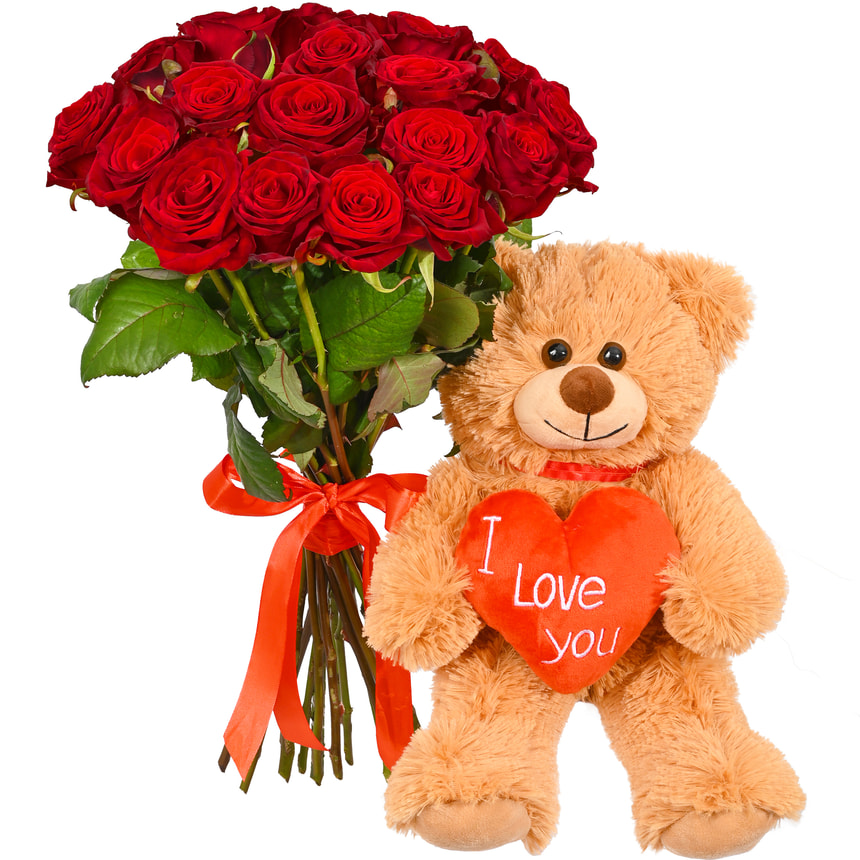 19 red roses with Bear