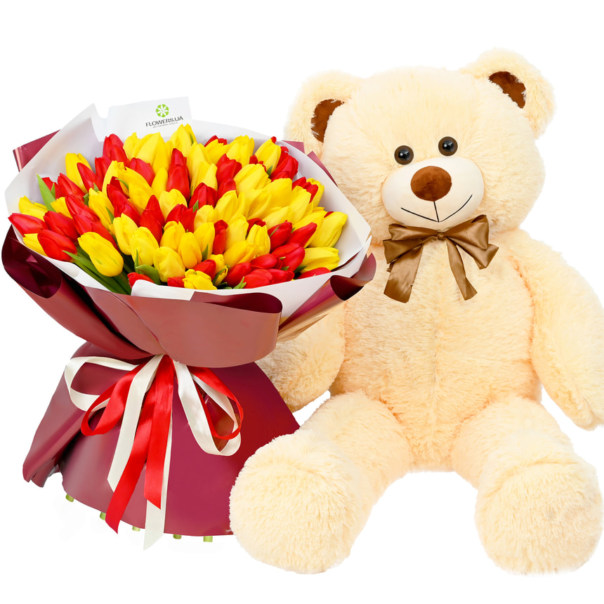 Bouquet "Furor" + Giant Teddy Bear (beige) 120 cm