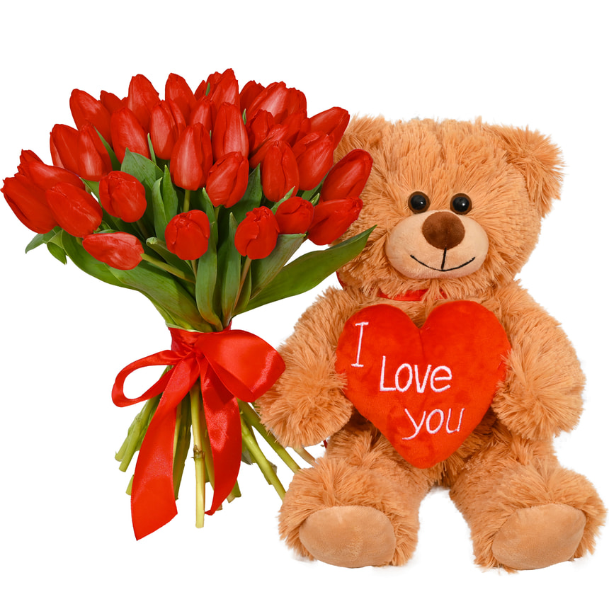 41 красный тюльпан с Мишкой – доставка по Украине