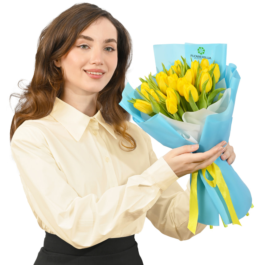 Монобукет з 21 жовтого тюльпана – доставка по Україні