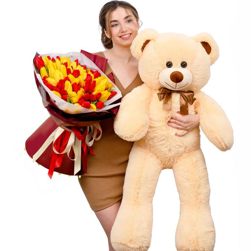 Bouquet "Furor" + Giant Teddy Bear (beige) 120 cm – delivery in Ukraine