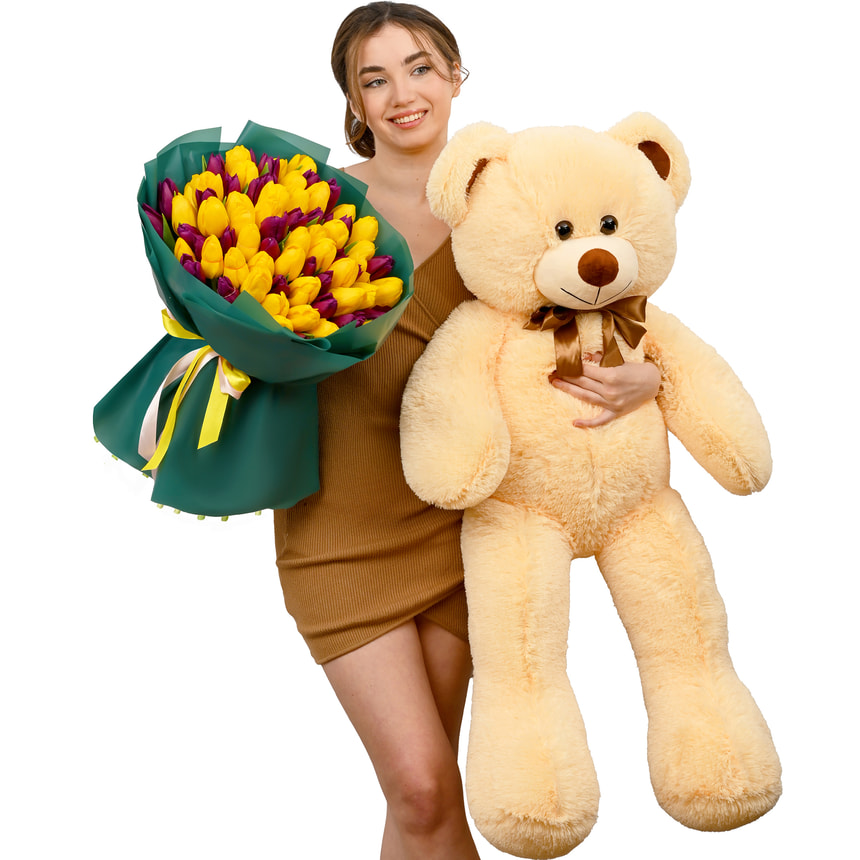 Bouquet "Tulip Mood" + Giant Teddy Bear (beige) 120 cm – delivery in Ukraine