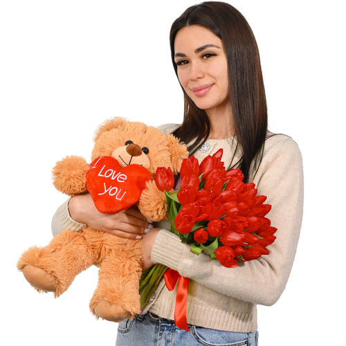 41 червоний тюльпан з Ведмедиком